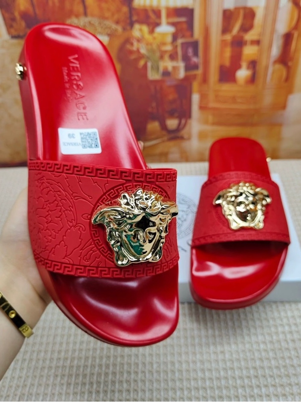 Versace Red Slide Sandals with Gold Medusa Accent